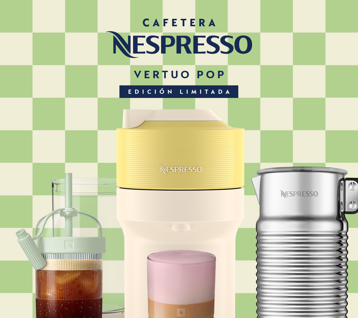 Nespresso-OnPacks2025-01 Visual frontal de cafetera Nespresso Vertuo Pop amarilla con identidad de empaque premium y accesorios.