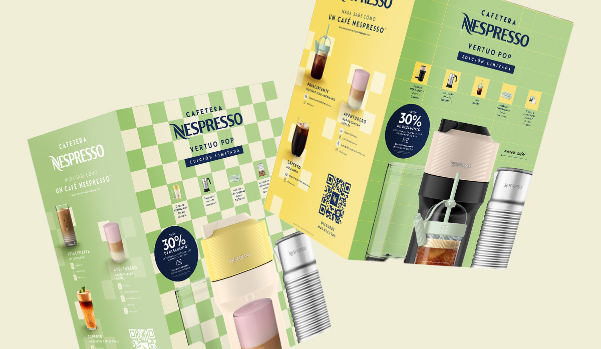 Nespresso-OnPacks2025-02 Empaques Nespresso edición especial amarilla con diseño gráfico vibrante y accesorios.