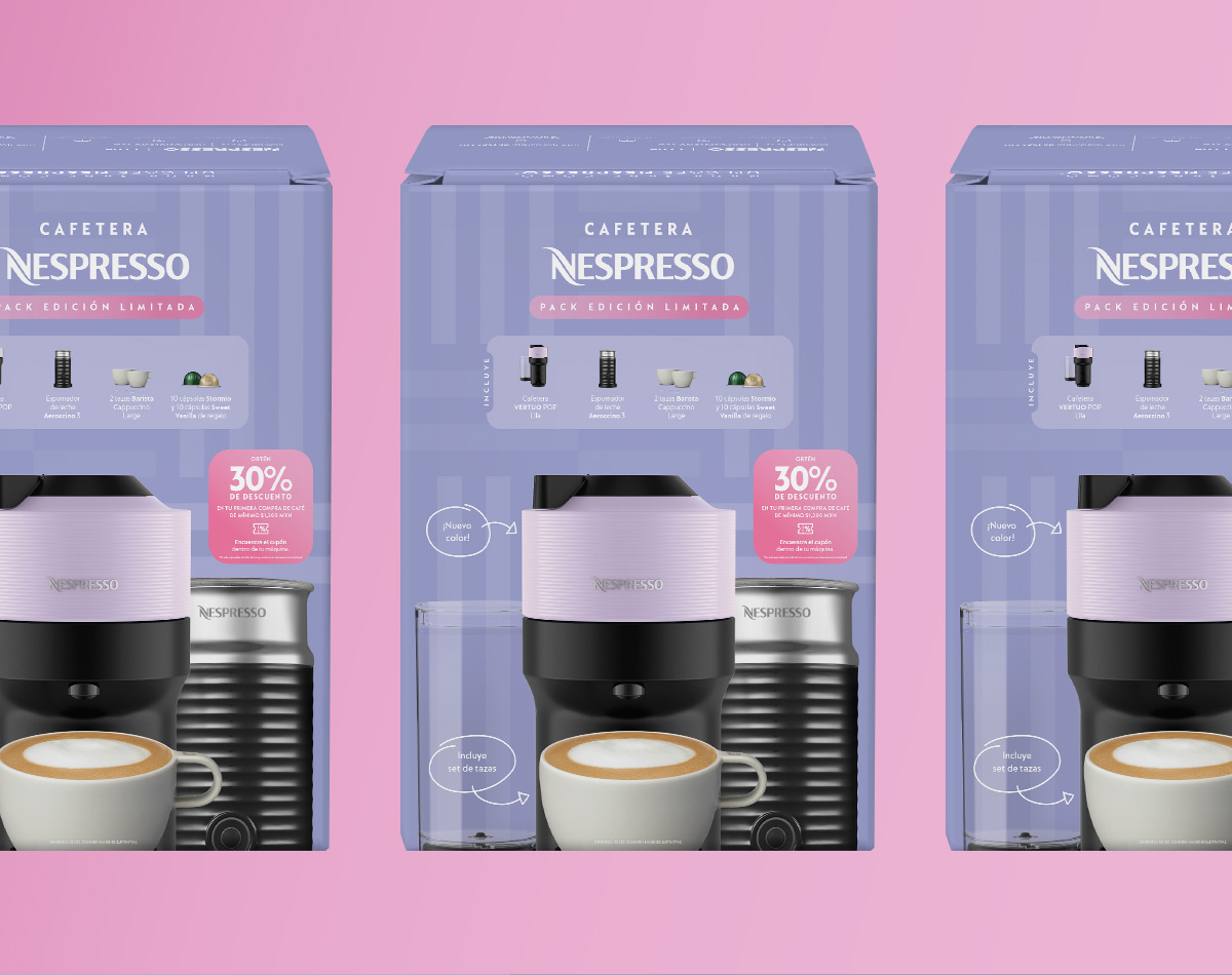 Nespresso-OnPacks2025-05 Empaque edición especial Nespresso con VERTUO y promoción destacada al frente.