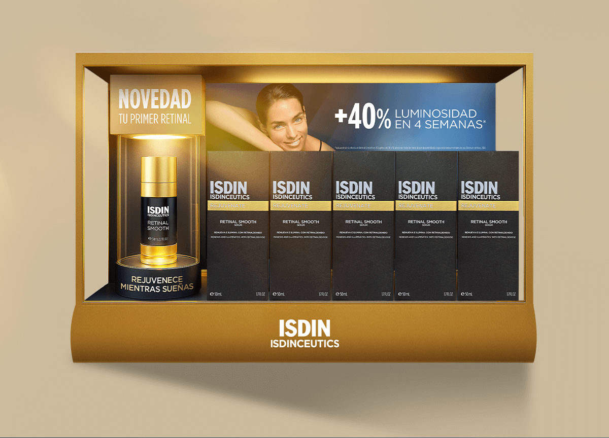 Diseño de anaquel ISDIN para farmacias con campaña de lanzamiento Retinal