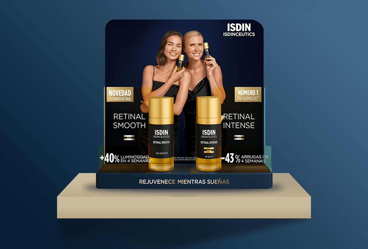 Diseño retail de ISDIN con Retinal Smooth y Retinal Intense en exhibición