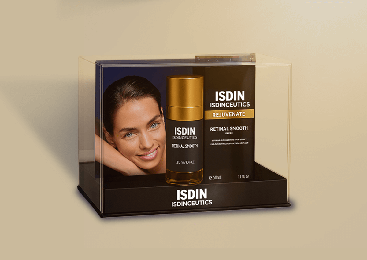 Diseño de mostrador ISDIN con Retinal Smooth y visual premium para farmacia