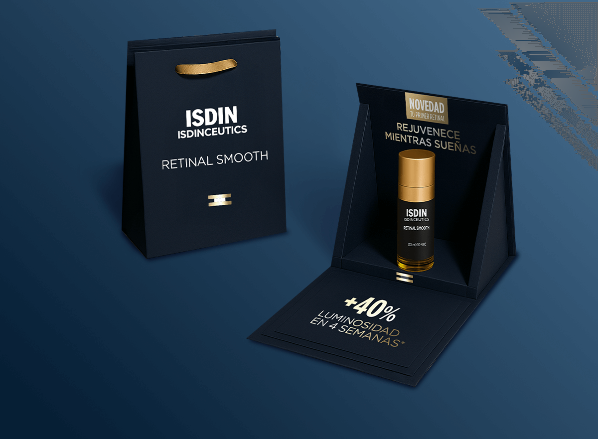 Diseño de empaque y producto ISDIN Retinal Smooth en render publicitario