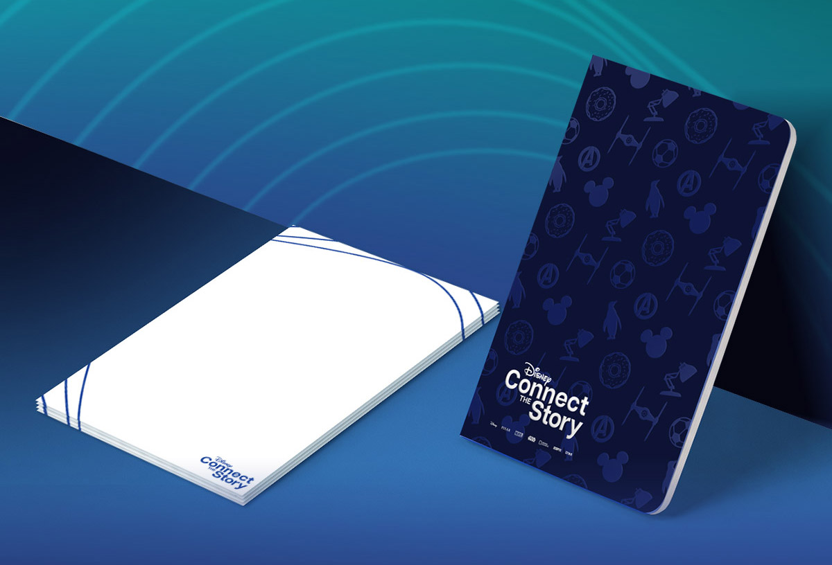 Papelería de Disney Connect the Story con diseño corporativo y soporte HubSpot