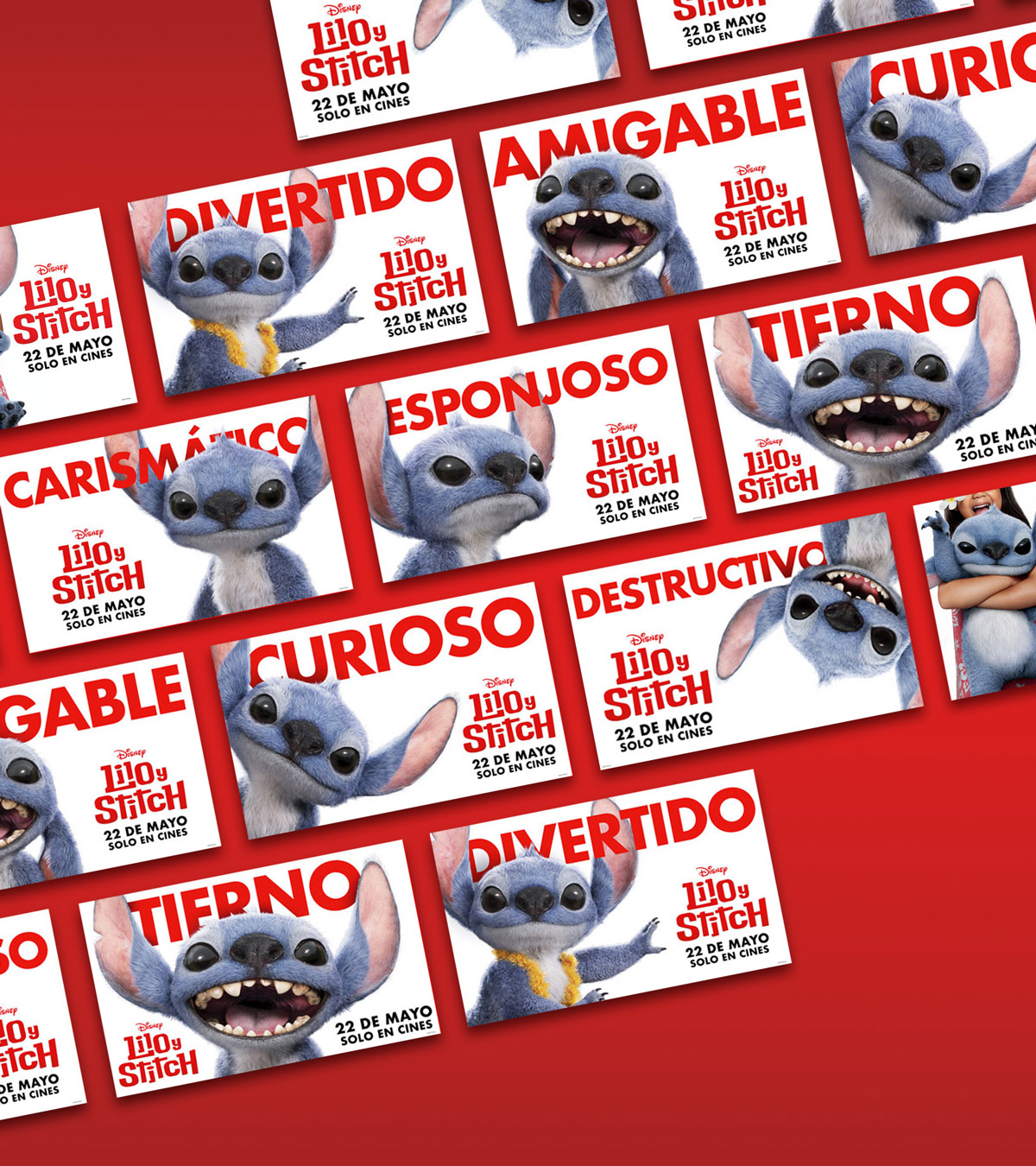 Composición gráfica de campaña Stitch con mensajes y visuales del personaje