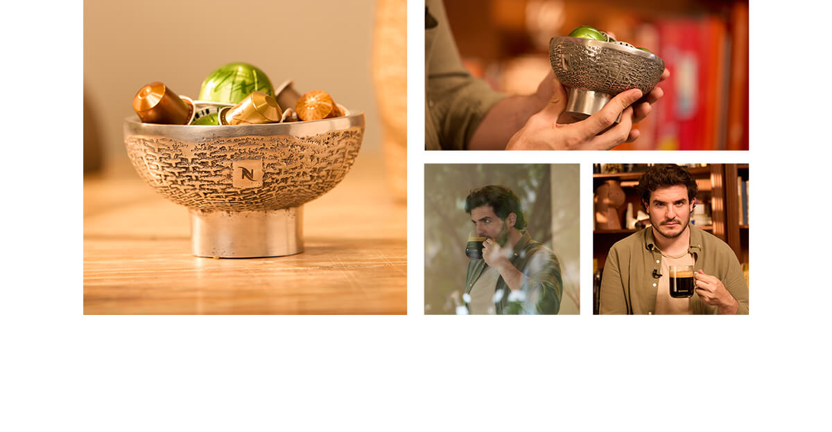 Collage de Nespresso y Rodrigo Noriega que comunica diseño, reciclaje y origen