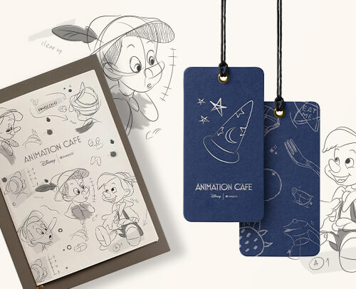 Bocetos de Pinocho y etiquetas Animation Cafe