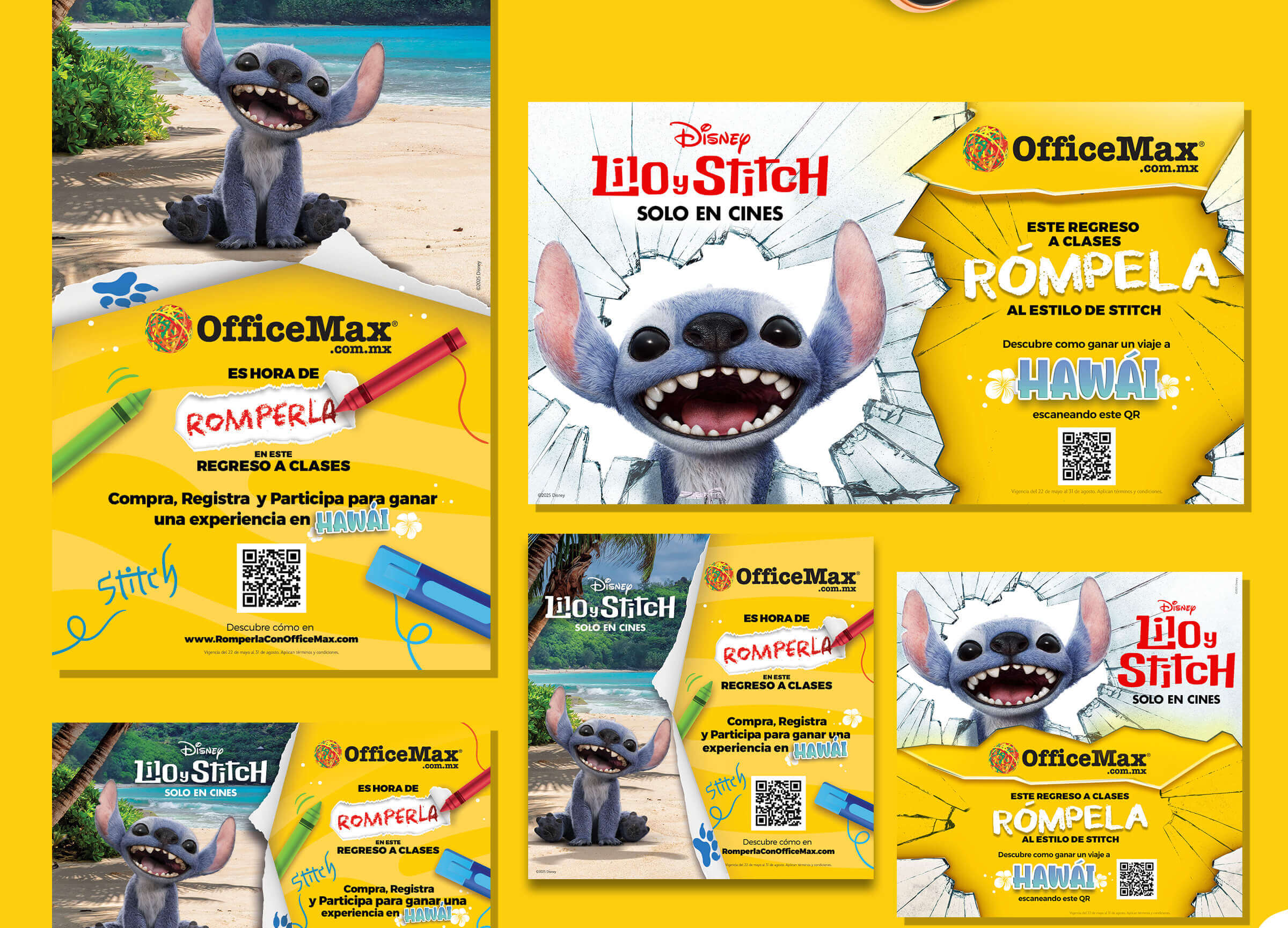 Diseños publicitarios de OfficeMax y Lilo y Stitch para campaña promocional