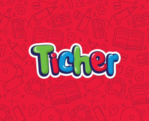 Rediseño de logotipo para marca de útiles escolares Ticher con identidad gráfica juvenil